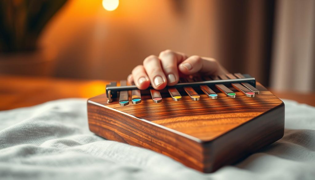 A beautifully arranged kalimba featuring seven polished wooden keys, each labeled with colorful and distinct markers for easy identification. In the foreground, the kalimba rests on a soft, textured cloth, showcasing the intricate craftsmanship of the instrument. The middle ground features a gentle hand poised to play, fingers gracefully aligned over the keys, evoking a sense of readiness and focus. The background is softly blurred with a warm, inviting atmosphere, illuminated by soft, diffused lighting that highlights the natural wood tones and enhances the vivid colors of the markers. The overall mood is serene and educational, inviting viewers to connect with the instrument and learn. There are no texts or overlays in the image. A beautifully arranged kalimba featuring seven polished wooden keys, each labeled with colorful and distinct markers for easy identification. In the foreground, the kalimba rests on a soft, textured cloth, showcasing the intricate craftsmanship of the instrument. The middle ground features a gentle hand poised to play, fingers gracefully aligned over the keys, evoking a sense of readiness and focus. The background is softly blurred with a warm, inviting atmosphere, illuminated by soft, diffused lighting that highlights the natural wood tones and enhances the vivid colors of the markers. The overall mood is serene and educational, inviting viewers to connect with the instrument and learn. There are no texts or overlays in the image.