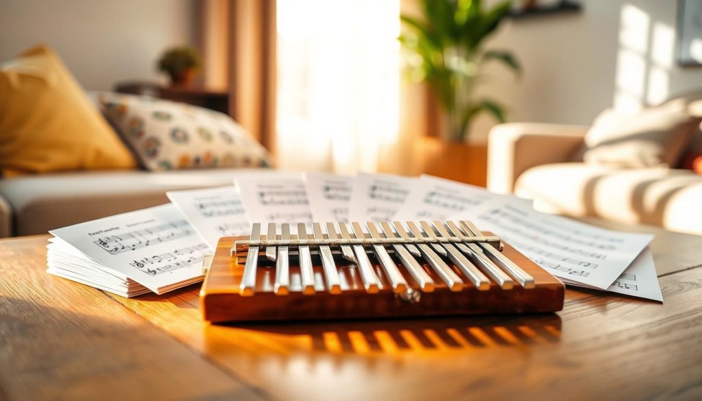 A beautifully arranged kalimba on a wooden table, surrounded by colorful tablature sheets featuring simple song notations for children. The foreground focuses on the kalimba with its eight metallic tines glinting in warm sunlight, casting soft reflections on the surface. In the middle, neatly stacked or fanned out tablatures display vibrant illustrations of children's tunes, featuring easy-to-read symbols and notes. The background softly blurs into a cozy living room setting, with gentle, natural light streaming through a window, creating an inviting and cheerful atmosphere. The overall mood is playful and educational, highlighting the joy of music learning for children. A beautifully arranged kalimba on a wooden table, surrounded by colorful tablature sheets featuring simple song notations for children. The foreground focuses on the kalimba with its eight metallic tines glinting in warm sunlight, casting soft reflections on the surface. In the middle, neatly stacked or fanned out tablatures display vibrant illustrations of children's tunes, featuring easy-to-read symbols and notes. The background softly blurs into a cozy living room setting, with gentle, natural light streaming through a window, creating an inviting and cheerful atmosphere. The overall mood is playful and educational, highlighting the joy of music learning for children.