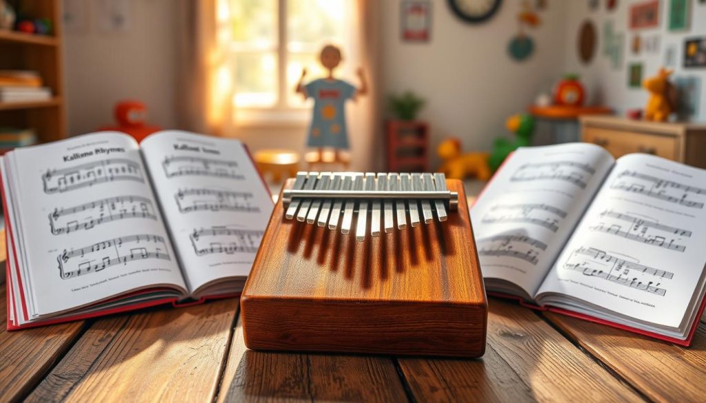 A beautifully arranged kalimba with eight vibrant wooden keys set on a rustic wooden table. In the foreground, the kalimba is centered and highlighted, showcasing its intricately carved body and polished surface reflecting soft natural light. Surrounding the kalimba are open sheet music pages displaying easy children's tunes and popular nursery rhymes, with colorful illustrations. In the middle ground, a gentle stream of warm daylight filters through a window, casting playful shadows. The background features a cozy, inviting room with musical notes and playful children's toys subtly visible, creating an atmosphere of joy and creativity ideal for learning music. The overall mood is cheerful and engaging, inviting both children and adults to join in the fun of making music. A beautifully arranged kalimba with eight vibrant wooden keys set on a rustic wooden table. In the foreground, the kalimba is centered and highlighted, showcasing its intricately carved body and polished surface reflecting soft natural light. Surrounding the kalimba are open sheet music pages displaying easy children's tunes and popular nursery rhymes, with colorful illustrations. In the middle ground, a gentle stream of warm daylight filters through a window, casting playful shadows. The background features a cozy, inviting room with musical notes and playful children's toys subtly visible, creating an atmosphere of joy and creativity ideal for learning music. The overall mood is cheerful and engaging, inviting both children and adults to join in the fun of making music.