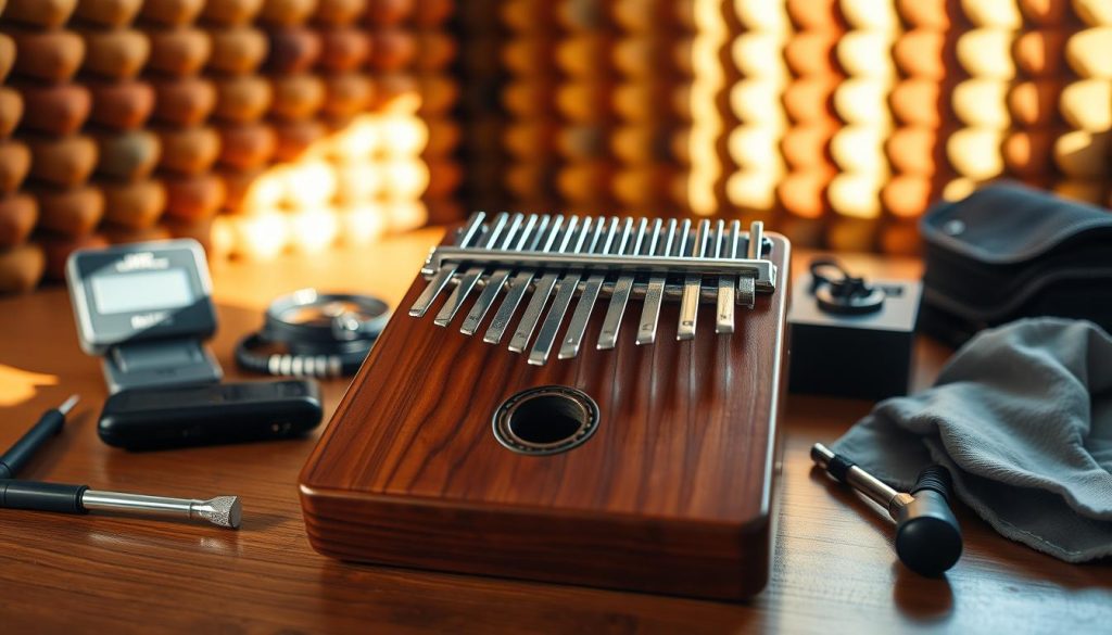 A beautifully arranged workspace featuring a kalimba and various tuning tools. In the foreground, place a well-maintained kalimba, with its keys glimmering under soft natural light. Surround it with essential tuning tools: a digital tuner, a tuning hammer, and a cloth for cleaning, all organized neatly. In the middle background, include a colorful soundproof wall, hinting at a cozy and quiet environment perfect for tuning instruments. The lighting should be warm and inviting, casting subtle shadows to add depth. Capture the scene from a slight angle to enhance the setup's dimensions. The mood should be calm and focused, reflecting the importance of preparation when tuning a kalimba.