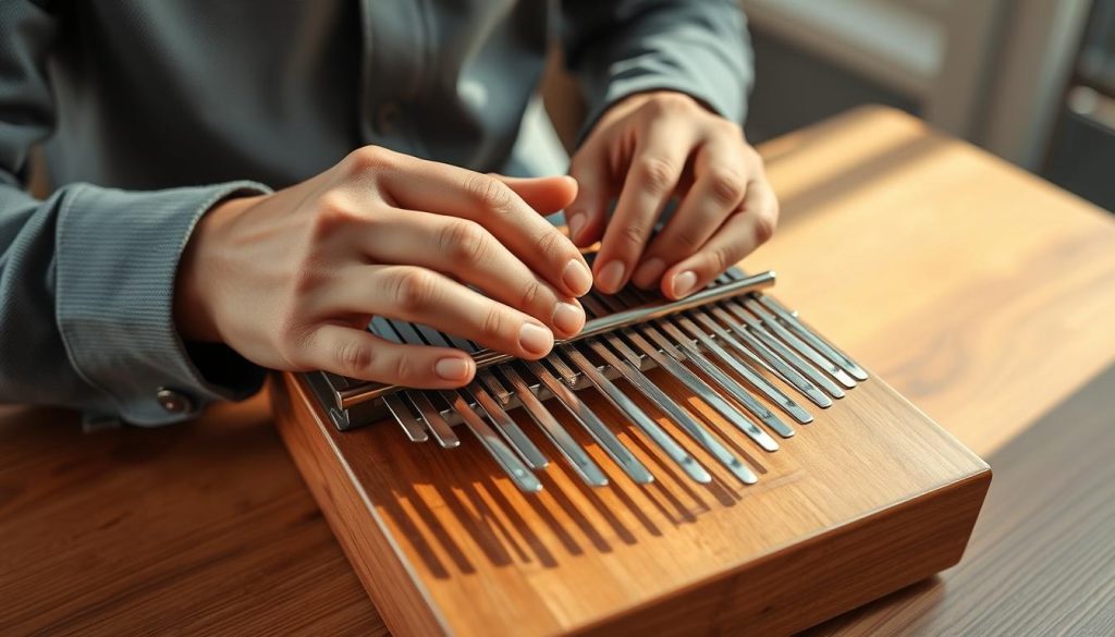 A close-up shot of a pair of hands demonstrating the "position des pouces" on a kalimba, with the focus on the thumbs intricately positioned over the instrument's metal tines. The hands should be well-groomed and dressed in casual yet modest attire to convey professionalism. The background features a softly blurred wooden table, suggesting a warm, inviting atmosphere. Soft natural light filters in from a nearby window, casting gentle shadows that enhance the details in the hands and kalimba. The overall mood is serene and educational, perfect for illustrating the concept of holding the kalimba correctly as a foundational skill in music. A close-up shot of a pair of hands demonstrating the "position des pouces" on a kalimba, with the focus on the thumbs intricately positioned over the instrument's metal tines. The hands should be well-groomed and dressed in casual yet modest attire to convey professionalism. The background features a softly blurred wooden table, suggesting a warm, inviting atmosphere. Soft natural light filters in from a nearby window, casting gentle shadows that enhance the details in the hands and kalimba. The overall mood is serene and educational, perfect for illustrating the concept of holding the kalimba correctly as a foundational skill in music.