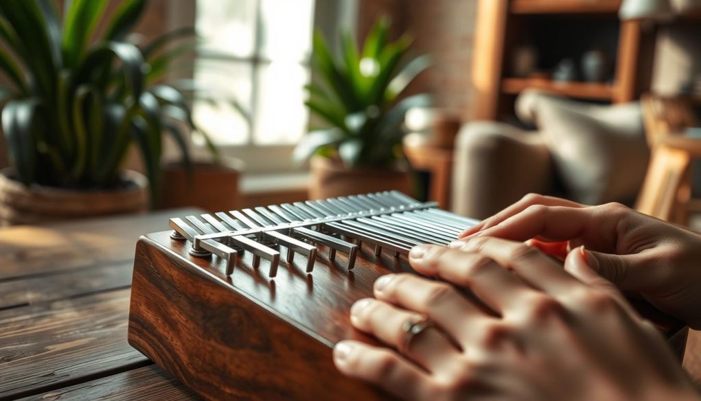 A close-up view of a beautifully crafted kalimba with seven metallic tines, resting on a rustic wooden table. Soft, natural light filters in from a nearby window, casting gentle shadows that accentuate the gleaming tines and the rich textures of the wood. In the foreground, hands are shown delicately pressing the tines, emphasizing the techniques required to produce clean sounds and expressive melodies. The background is softly blurred, featuring hints of green plants and warm-toned decor to create an inviting, serene atmosphere. The focus is on the kalimba and the hands, conveying a sense of harmony and creativity in music-making. A close-up view of a beautifully crafted kalimba with seven metallic tines, resting on a rustic wooden table. Soft, natural light filters in from a nearby window, casting gentle shadows that accentuate the gleaming tines and the rich textures of the wood. In the foreground, hands are shown delicately pressing the tines, emphasizing the techniques required to produce clean sounds and expressive melodies. The background is softly blurred, featuring hints of green plants and warm-toned decor to create an inviting, serene atmosphere. The focus is on the kalimba and the hands, conveying a sense of harmony and creativity in music-making.