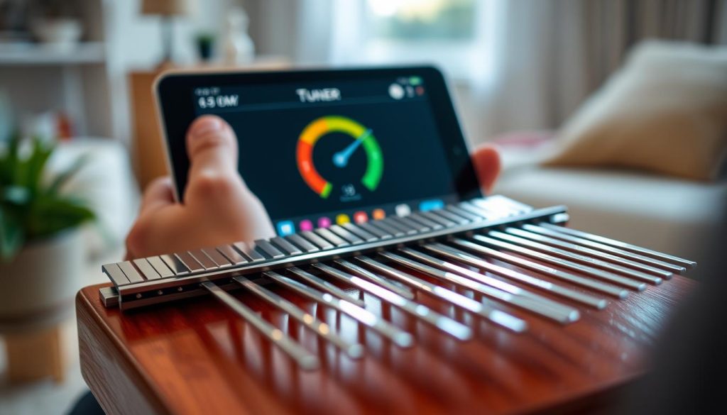 A close-up view of a person using an online kalimba tuner app on a tablet, showcasing their fingers delicately adjusting the notes. The foreground features a beautifully crafted wooden kalimba with metal tines, reflecting warm tones. In the middle ground, the tablet screen displays a colorful tuner interface with needle indicators for precise tuning. The background has a softly blurred home environment, with ambient light streaming in from a nearby window, creating a calming atmosphere. The scene captures a sense of focus and tranquility, emphasizing the precision of tuning. The lighting is soft and natural, highlighting the textures of the kalimba and tablet without any distractions like text or overlays.