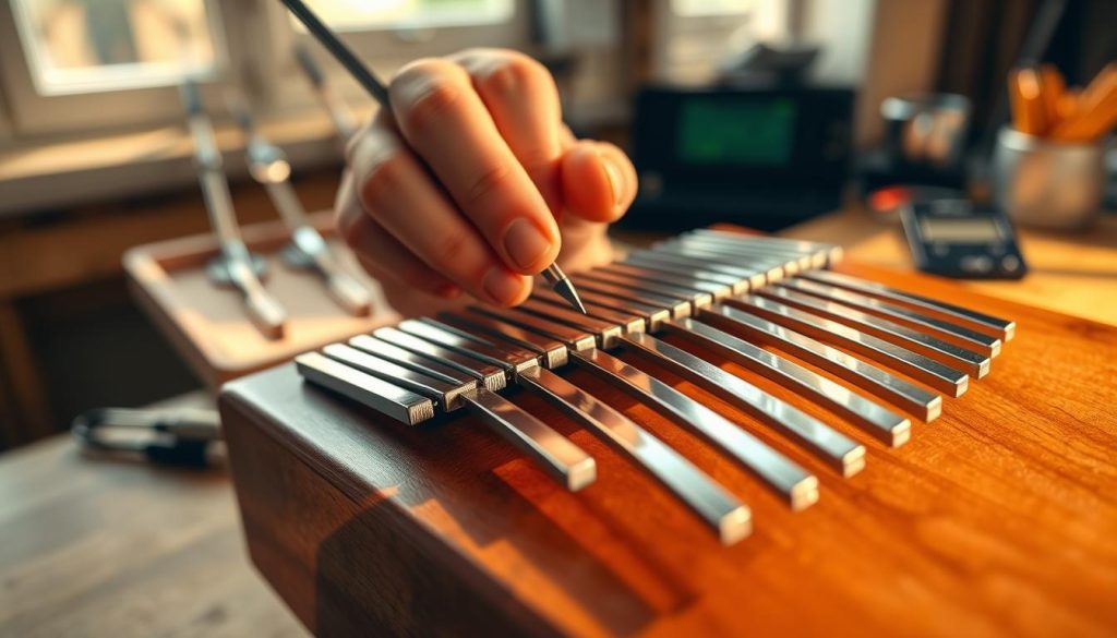 A close-up view of kalimba tines, showcasing their intricate design and varied lengths, positioned on a wooden kalimba body. In the foreground, focus on a pair of hands wearing a professional-looking outfit gently adjusting one tine with a tuning tool, demonstrating precision and care. The background features a soft-focus workbench with tuning forks and a digital tuner, hinting at a workshop atmosphere. Warm, natural light filters in from a nearby window, casting gentle shadows that emphasize the craftsmanship of the instrument. The image conveys a serene and focused mood, highlighting the delicate nature of tuning the kalimba without damaging its components.