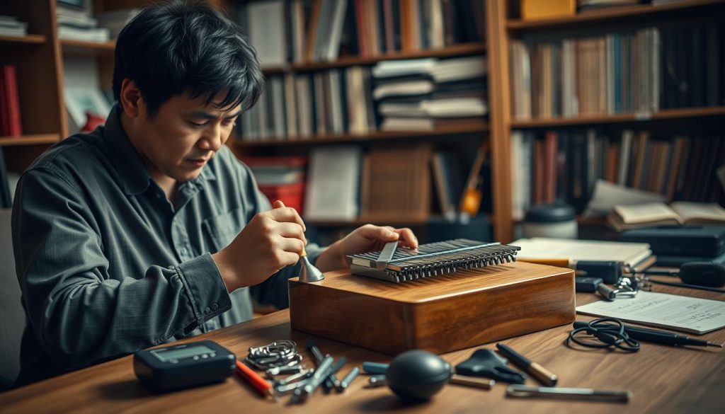 A serene and focused workspace set up for tuning a kalimba. In the foreground, a skilled musician in modest casual clothing is intently adjusting the kalimba with a tuning hammer and an electronic tuner on the table. The middle layer showcases a well-organized assortment of musical accessories like spare strings and tools, while a softly glowing warm light illuminates the scene, creating an inviting atmosphere. The background features a bookshelf filled with music scores and instruments, slightly blurred to emphasize the musician’s concentration. The overall mood is peaceful and dedicated, embodying a calm environment conducive to precise tuning. The image captures the essence of preparing the setting effectively for musical harmony.