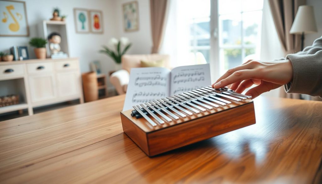 A serene, step-by-step learning setting for playing melodies on an 8-string kalimba, staged on a polished wooden table. In the foreground, a pair of hands, wearing modest casual clothing, gently strum the kalimba, showcasing the delicate instrument with its shiny metal tines. In the middle, a colorful sheet of simple children's melodies with notes and easy-to-follow diagrams is spread out, hinting at the learning process. In the background, soft natural light filters through a large window, illuminating a cozy room adorned with light pastel colors and musical-themed decor, evoking a warm and inviting atmosphere. The angle captures both the instrument and the sheet music, promoting a sense of tranquility and focus in the learning experience. A serene, step-by-step learning setting for playing melodies on an 8-string kalimba, staged on a polished wooden table. In the foreground, a pair of hands, wearing modest casual clothing, gently strum the kalimba, showcasing the delicate instrument with its shiny metal tines. In the middle, a colorful sheet of simple children's melodies with notes and easy-to-follow diagrams is spread out, hinting at the learning process. In the background, soft natural light filters through a large window, illuminating a cozy room adorned with light pastel colors and musical-themed decor, evoking a warm and inviting atmosphere. The angle captures both the instrument and the sheet music, promoting a sense of tranquility and focus in the learning experience.