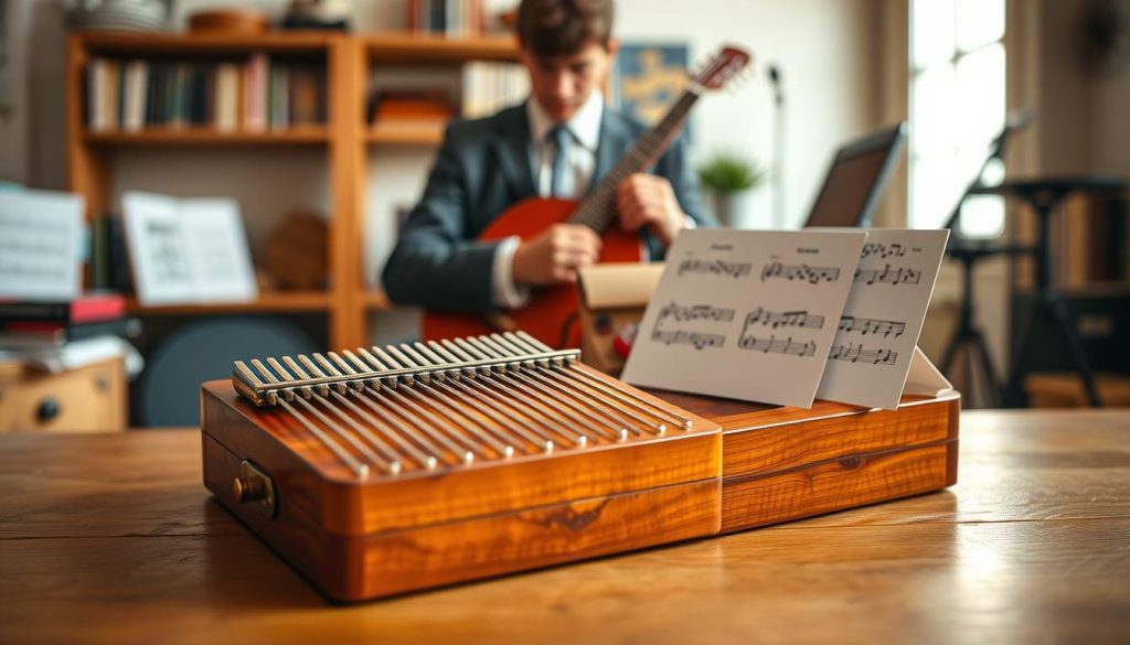 A visually striking kalimba tablature displayed on a wooden table with soft, natural lighting. In the foreground, focus on a colorful kalimba, its keys glistening as if freshly polished, accompanied by a few simple, vibrant tablature sheets illustrating the notes. The middle ground features a person—dressed casually in smart attire—gently playing the kalimba, their fingers skillfully moving along the keys, conveying a sense of concentration and enjoyment. In the background, a warm, softly blurred room filled with musical elements like a shelf of instruments and music books creates an inviting, creative atmosphere. The overall mood is friendly and inspiring, ideal for learners embarking on their musical journey. A visually striking kalimba tablature displayed on a wooden table with soft, natural lighting. In the foreground, focus on a colorful kalimba, its keys glistening as if freshly polished, accompanied by a few simple, vibrant tablature sheets illustrating the notes. The middle ground features a person—dressed casually in smart attire—gently playing the kalimba, their fingers skillfully moving along the keys, conveying a sense of concentration and enjoyment. In the background, a warm, softly blurred room filled with musical elements like a shelf of instruments and music books creates an inviting, creative atmosphere. The overall mood is friendly and inspiring, ideal for learners embarking on their musical journey.