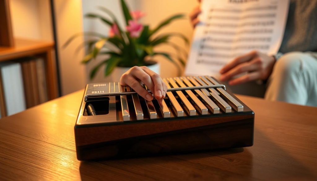 A beautifully arranged kalimba with 34 polished metal tines sits on a wooden table, highlighted by soft, warm lighting that casts gentle shadows. In the foreground, a pair of hands, dressed in casual yet professional attire, carefully position the fingers above the tines, ready to play a note. In the middle ground, a close-up of the kalimba showcases its intricate design, with the tines labeled with visual markers to indicate pitch positions. The background features a cozy, well-lit room with musical notes on sheet music and a vibrant potted plant, creating a serene, inviting atmosphere. The image captures the essence of preparation and anticipation before making music, reflecting calm focus and creativity.