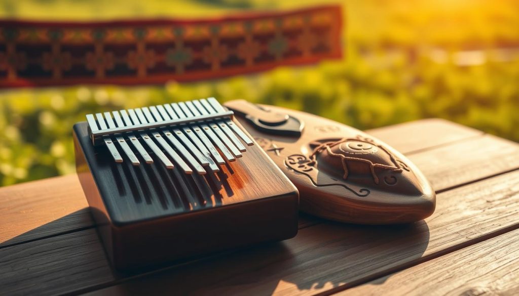 A beautifully arranged scene featuring a traditional kalimba and an African sanza, placed on a handcrafted wooden table. In the foreground, the kalimba showcases its shiny metal tines, catching the warm sunlight, while the sanza, with its natural wooden texture and intricate carvings, lies beside it. In the middle, a vibrant textile with traditional African patterns serves as a colorful backdrop, adding depth and cultural context. In the background, soft, blurred hints of a lush green landscape suggest the African origins of the instruments. The lighting is warm and inviting, with soft shadows enhancing the textures of the instruments. Focus on a slightly angled perspective to create an engaging composition that highlights the differences in design and craftsmanship. The overall atmosphere is serene and culturally rich, evoking a sense of musical harmony.