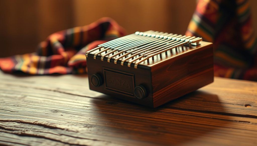 A beautifully crafted Sanza mbira Monde rests atop a textured wooden surface, its metallic tines glimmering gently under soft, warm lighting. In the foreground, the intricacies of the instrument are highlighted, showcasing the smooth wood grain and delicate carvings that adorn its frame. The middle ground features subtle hints of traditional African fabric, possibly a vibrant colorful cloth, draped elegantly to suggest cultural significance. The background fades softly into a blurred, warm-toned ambiance, evoking a serene atmosphere reminiscent of an intimate musical gathering. The image captures the essence and richness of the Sanza mbira Monde, inviting viewers to appreciate its unique craftsmanship and cultural importance.