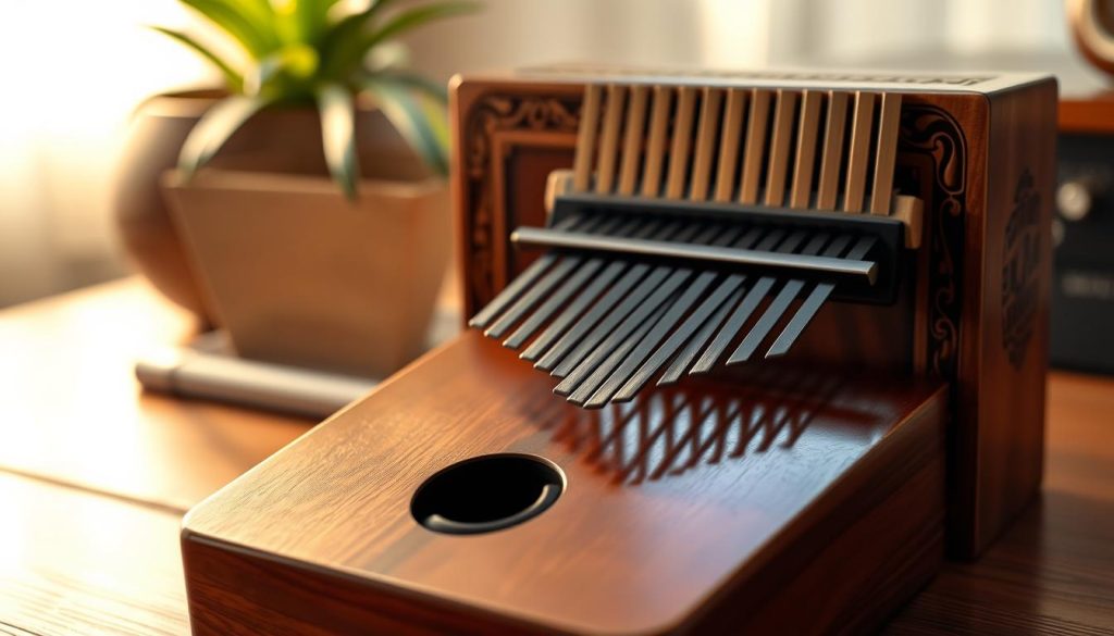A beautifully crafted resonating box (caisse de résonance) designed for a kalimba, showcasing rich wood textures and intricate carvings that highlight both aesthetics and sound quality. In the foreground, place the kalimba with its glossy wooden surface reflecting soft, warm light, emphasizing the strings and the unique shape of the instrument. In the middle ground, depict a flat soundboard model, creating contrast with the resonating box by showing its different design and features. The background should be softly blurred to maintain focus on the instruments, with ambient lighting that throws gentle shadows, creating a cozy, inviting atmosphere. The overall mood is serene and harmonious, perfect for illustrating the concepts of volume and resonance in music.