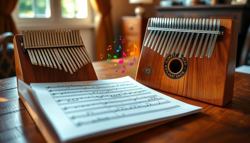 A beautifully organized kalimba setup featuring two instruments side by side: one with 17 metal tines and the other with 21. In the foreground, showcase a close-up of the kalimbas, emphasizing the differences in the number of tines and their lengths, with intricate decorations on their wooden bodies. In the middle, include sheet music laid out, illustrating notes specific to both kalimbas, surrounded by colorful musical notes swirling around, symbolizing sound. In the background, softly blurred, depict a warm, inviting room with natural light filtering through a window, creating a serene atmosphere. Use a shallow depth of field to focus on the instruments and sheet music while adding a touch of elegance with soft shadows and highlights.