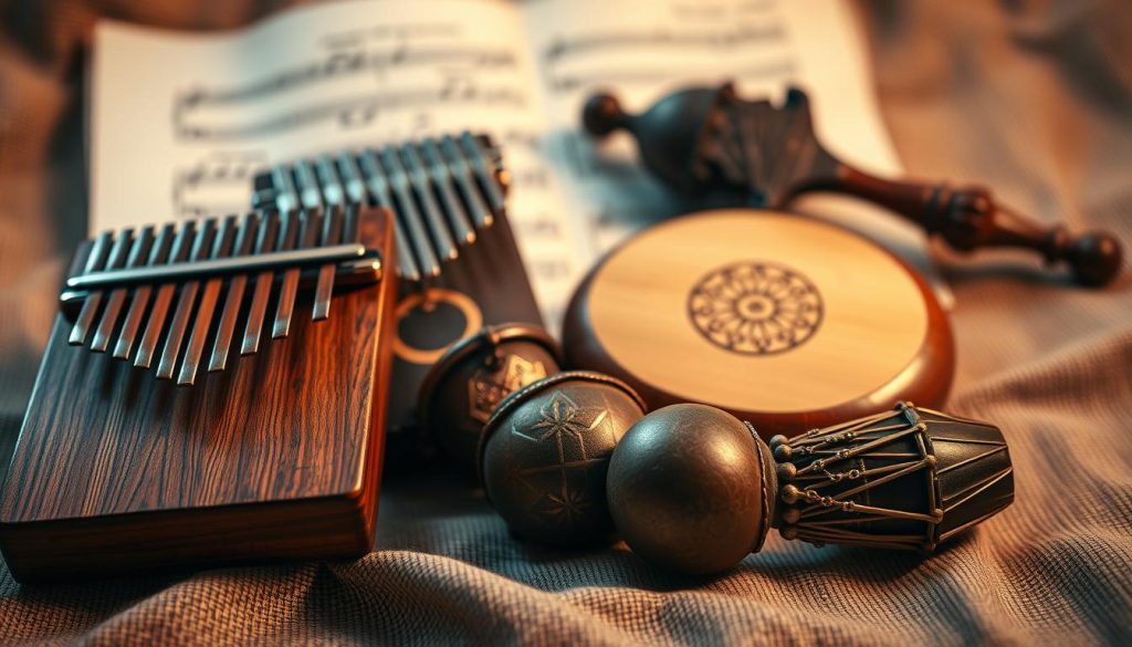 A close-up, artistic arrangement of various traditional musical instruments associated with African heritage: a beautifully crafted kalimba with wooden keys, a beautifully adorned mbira, and a delicate sanza displayed on a textured cloth background. In the middle ground, showcase a likembe and sansula with intricate designs. Soft, warm lighting highlights the natural textures of the wood and metal, creating a sense of intimacy. Include a blurred musical score or sheet music subtly in the background to connect the instruments to their musical heritage. Capture the atmosphere of cultural richness and history, evoking a sense of exploration into the diverse names and variations of these captivating instruments. Use a shallow depth of field to focus attention on the instruments.