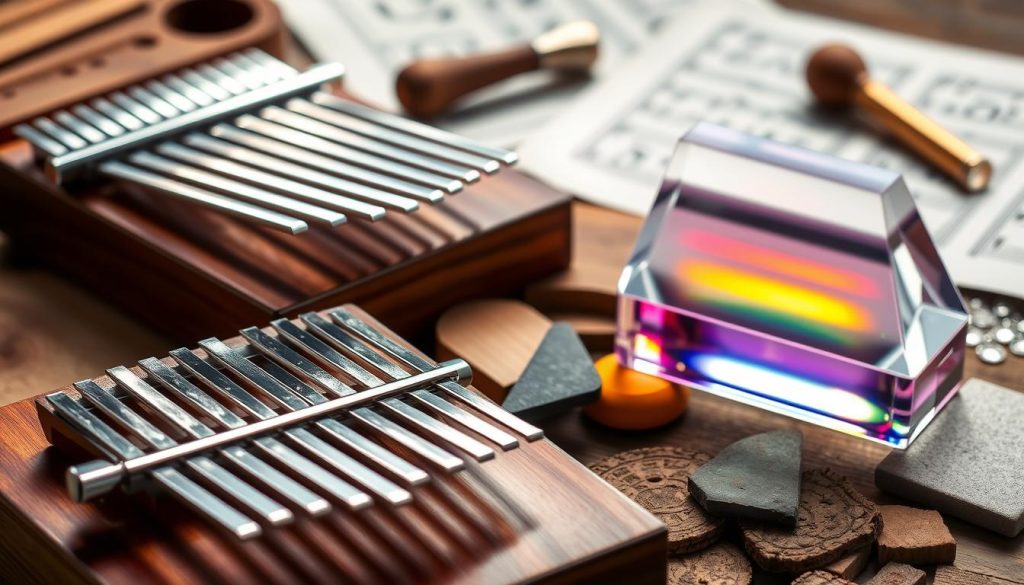 A close-up image showcasing various musical instrument materials used in the construction of kalimbas and sanzas. In the foreground, feature a beautifully crafted kalimba made of rich mahogany, its metallic tines glimmering under soft, diffused lighting. Next to it, display an acrylic kalimba with a vibrant, transparent body, reflecting a spectrum of light. In the middle ground, arrange pieces of wood, metal, and acrylic to illustrate the materials, with textures clearly visible. The background should consist of blurred music sheets and tools like small chisels, hinting at the craftsmanship involved. The mood should be warm and inviting, emphasizing the beauty of these instruments, with a focus on detail and rich colors to enhance the aesthetics of the materials.
