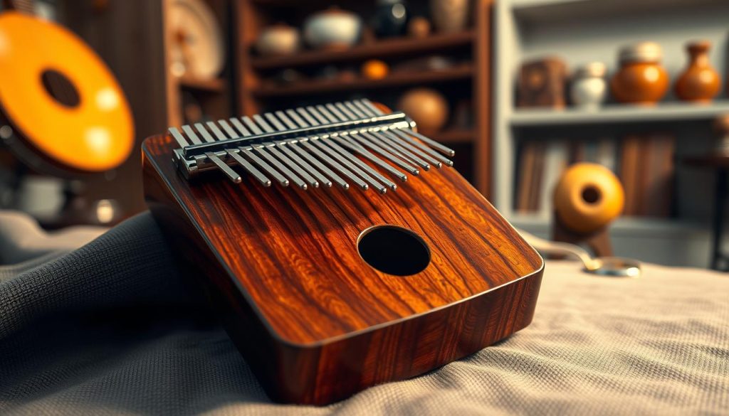 A close-up of an intricately crafted kalimba made of rich mahogany wood, showcasing its beautiful grain and organic curves. The foreground features the kalimba positioned elegantly on a textured fabric, allowing the warm tones of the wood to shine. In the middle ground, subtle reflections highlight the metallic tines, which glimmer softly under ambient lighting. The background suggests a serene music studio setting, with blurred instruments and shelves filled with various materials like acrylic and calabash, evoking a sense of craftsmanship and artistry. Use soft, diffused lighting to create a warm atmosphere, capturing the essence of sound resonating through wood. The angle should be slightly tilted for a dynamic perspective, emphasizing the beauty of the kalimba’s design.