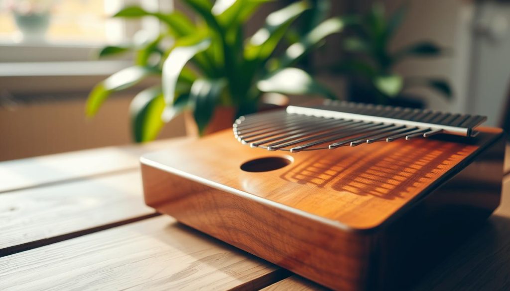 A close-up view of a beautifully crafted kalimba with 34 metal tines, showcasing its intricate details and polished wooden body. The kalimba is placed on a natural wooden table, with gentle reflections of light highlighting the curves of the instrument. Soft, warm light filters in from a nearby window, casting delicate shadows that enhance the textures of the wood and metal. In the background, hints of lush green plants create a serene atmosphere, evoking a peaceful artistic vibe. The focus is sharp on the kalimba, drawing the viewer's attention to the craftsmanship and design. The overall mood conveys a sense of calm and creativity, inviting viewers to explore the joy of making music.