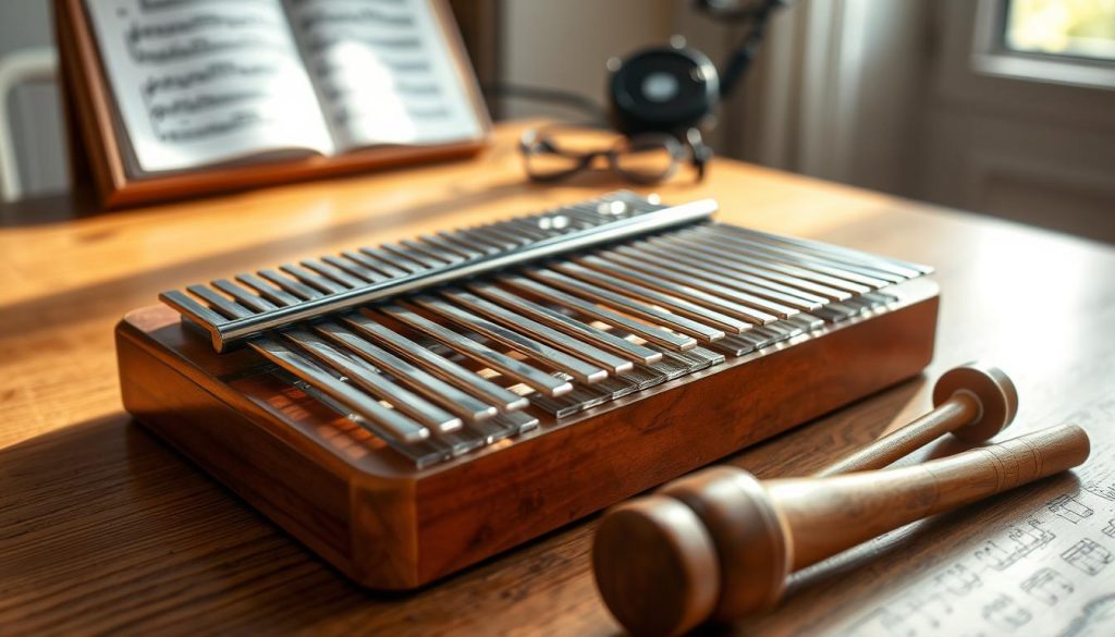 A close-up view of a chromatic kalimba with 34 metal tines, laid out on a clean wooden table. The kalimba is partially open, revealing its tuning pins and visible sound holes, indicating its use for adjustment. Nearby, a professional-grade tuning hammer, made of polished wood, is positioned delicately next to the kalimba. Soft, diffused natural light filters through a nearby window, casting gentle shadows and highlighting the metallic sheen of the tines. In the background, a blurred musical sheet and a tuning device hint at a serene practice space, evoking a calm and focused atmosphere. The overall mood is one of precision and artistry, ideal for illustrating the process of tuning a kalimba.