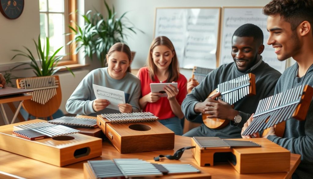 A cozy indoor setting with natural light streaming through a window. In the foreground, a young, diverse group of enthusiastic beginners, including a Caucasian female and an African American male, are seated around a wooden table, playing a beautifully crafted 34-key chromatic kalimba. They are dressed in casual, comfortable clothing, focused and smiling as they follow along with sheet music. The middle ground features an array of colorful kalimbas adorned with intricate designs, showcasing their unique charm. In the background, soft plant life and musical notes on a whiteboard create an inspiring atmosphere of learning and creativity. The lighting should be warm and inviting, capturing a sense of motivation and camaraderie among the players.