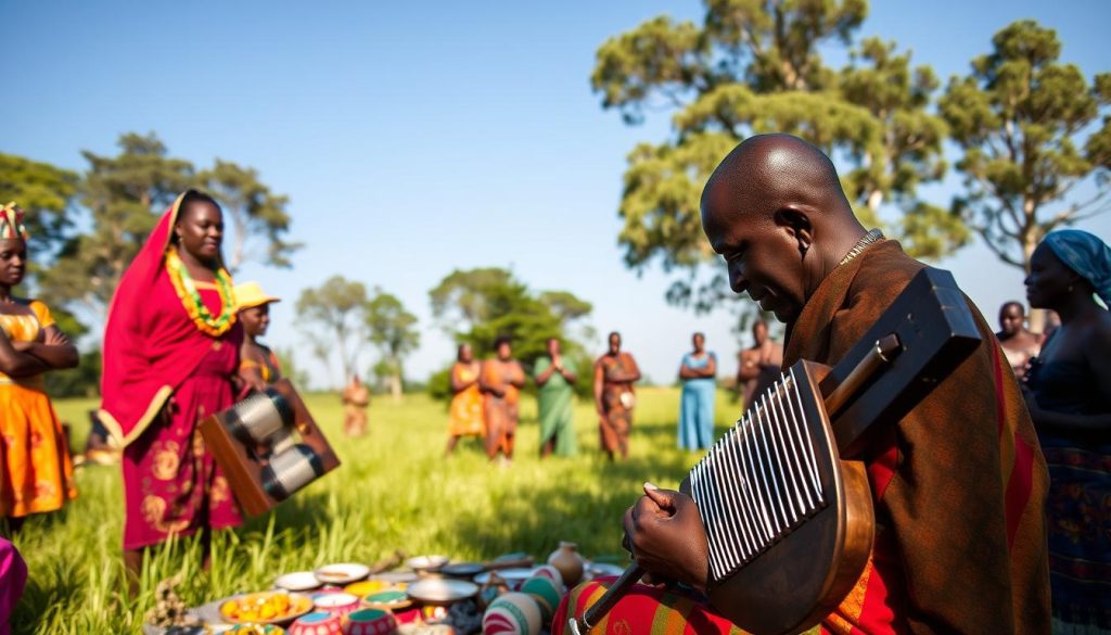 A vibrant mbira ceremony taking place in a lush, green landscape, showcasing a diverse group of people dressed in traditional attire, engaged in playing the mbira and singing. In the foreground, a skilled musician plays a beautifully crafted mbira, with its metal tines glinting in the sunlight. A collection of colorful decorations and cultural artifacts is scattered around. In the middle ground, other participants can be seen dancing joyfully, their movements embodying the rhythm of the music, while a small gathering of listeners immerses themselves in the experience. The background features tall trees and a clear blue sky, creating a serene atmosphere. Soft, warm lighting evokes a sense of community and cultural celebration, captured with a slightly blurred depth of field to emphasize the musicianship and lively expressions.