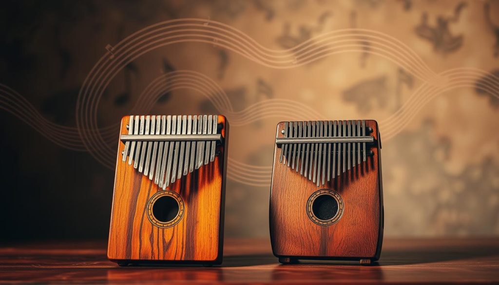 A vibrant scene depicting the concept of "résonance" through musical elements. In the foreground, a beautifully crafted kalimba and mbira are positioned side by side, their intricate wooden designs gleaming under soft, warm lighting that enhances the textures. In the middle, sound waves radiate from the instruments, visually represented by swirling lines and soft gradients, illustrating the harmony and contrast in their tones. The background features a subtle abstract tapestry of gently flowing sound currents and musical notes, creating a sense of movement and depth. The atmosphere is serene and contemplative, inviting the viewer to explore the interplay of sound and resonance. Use a wide-angle lens to capture the scene with a slight blur in the background, emphasizing the instruments in focus.