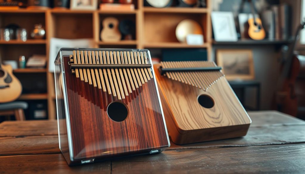 A beautifully arranged display highlighting both acrylic and wooden kalimbas side by side on a rustic wooden table. In the foreground, the glossy, smooth surface of an acrylic kalimba catches the light, showcasing its vibrant colors and modern design. Next to it, a traditional wooden kalimba, rich in warm tones, features intricate grain patterns that emphasize its organic texture. In the background, softly blurred elements of a cozy music room, with shelves full of instruments and musical notes, enhance the atmosphere. Warm, natural lighting creates an inviting and calm mood, highlighting the contrast between the two materials. The angle should be slightly above eye-level, providing a comprehensive view of the instruments while drawing attention to their unique characteristics.