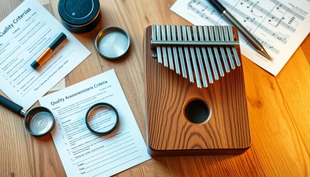 A beautifully arranged flat lay of a kalimba on a wooden tabletop, surrounded by various quality assessment criteria notes and tools, such as a magnifying glass and tuning device. The kalimba should showcase its wooden body with visible, intricate grain patterns, and metal tines shimmering softly. In the background, a soft-focus music sheet adds an artistic touch, creating a harmonious context. The lighting is warm and inviting, capturing the natural beauty of the wood with gentle highlights. The atmosphere feels educational yet relaxed, ideal for someone considering their kalimba purchase. The angle should be slightly above, focusing on the kalimba and the surrounding elements without distractions.