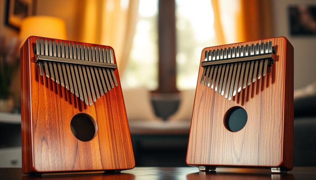 A beautifully crafted kalimba prominently features a resonant hollow body on the left and a sleek flat model on the right. The foreground illustrates the two instruments in rich detail, showcasing their wood grain and sheen under soft, warm lighting. Centered between them, delicate hands expertly pluck the keys of the hollow kalimba, capturing the joy of music-making. In the middle ground, a blurred background of a cozy, inviting room with natural light filtering through a window enhances the ambiance, suggesting a peaceful musical escape. The overall mood is serene and inspiring, emphasizing the contrast between the resonance of the hollow design and the simplicity of the flat version, inviting viewers to explore their acoustic differences.