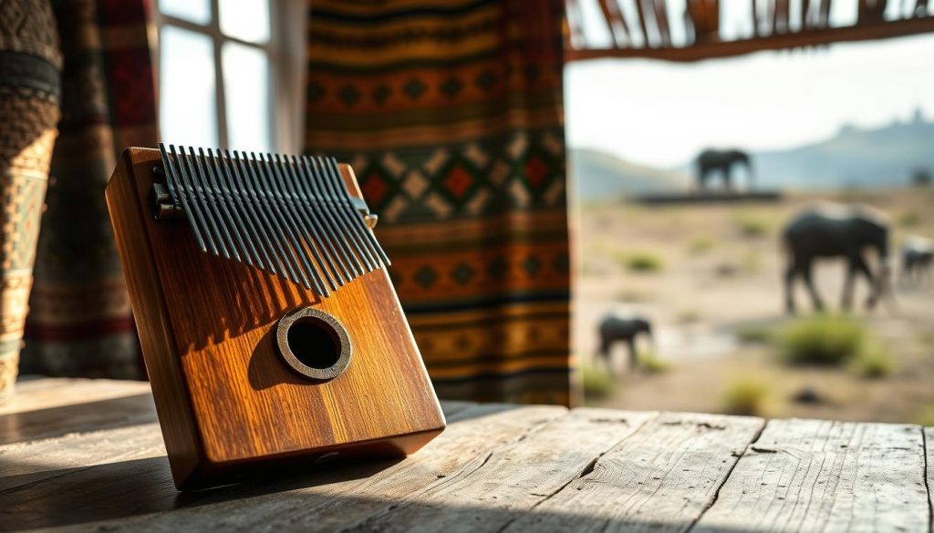 A beautifully crafted mbira, also known as likembe or sanza, sits prominently in the foreground, its wooden body polished to a warm sheen. The instrument's metal tines glint softly in a natural light that streams from the left, casting delicate shadows on a textured, rustic wooden surface beneath. In the middle ground, several traditional African patterns and textiles provide a cultural backdrop, subtly hinting at the instrument's rich history. In the background, a blurred silhouette of an African landscape hints at the instrument's origins. The overall atmosphere is serene and reflective, capturing the essence of a peaceful musical moment. The lens perspective is slightly angled, giving depth to the scene while focusing on the intricate details of the mbira.