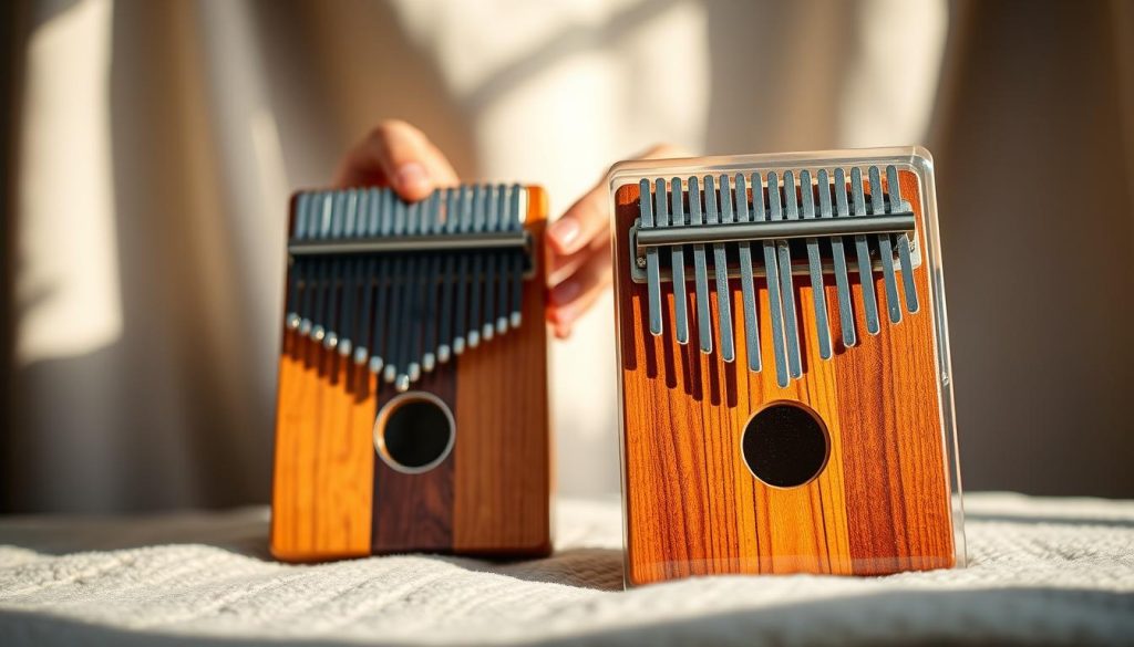 A beautifully designed kalimba made of warm, polished wood and a transparent acrylic version, balanced artistically against a soft, textured background. In the foreground, focus on the kalimbas, showcasing their unique shapes and fine craftsmanship, with shimmering metal tines reflecting ambient light. The middle ground features a pair of hands gently holding the kalimba, demonstrating ergonomic comfort and inviting interaction. The background is softly blurred, hinting at a cozy, natural setting with diffused light streaming in, creating an inviting atmosphere. The overall mood is warm and inspiring, emphasizing the beauty and tactile appeal of these musical instruments, inviting viewers to explore their designs.