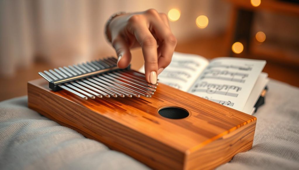 A close-up view of a beautifully crafted kalimba, showcasing its wooden body and shiny metal tines, arranged neatly to highlight the tuning of the instrument. The foreground features the kalimba resting on a soft, textured fabric, with a few open music sheets displaying notes and scales next to it. In the middle, a hand, dressed in professional attire, gently adjusts the tuning pins, demonstrating the art of tuning. The background is softly blurred, with warm ambient lighting creating a cozy atmosphere, reflecting a serene practice space. The image captures the essence of starting on the path to mastering the kalimba, emphasizing both the instrument and the importance of proper tuning. The overall mood is inviting and focused, ideal for beginners exploring their musical journey.