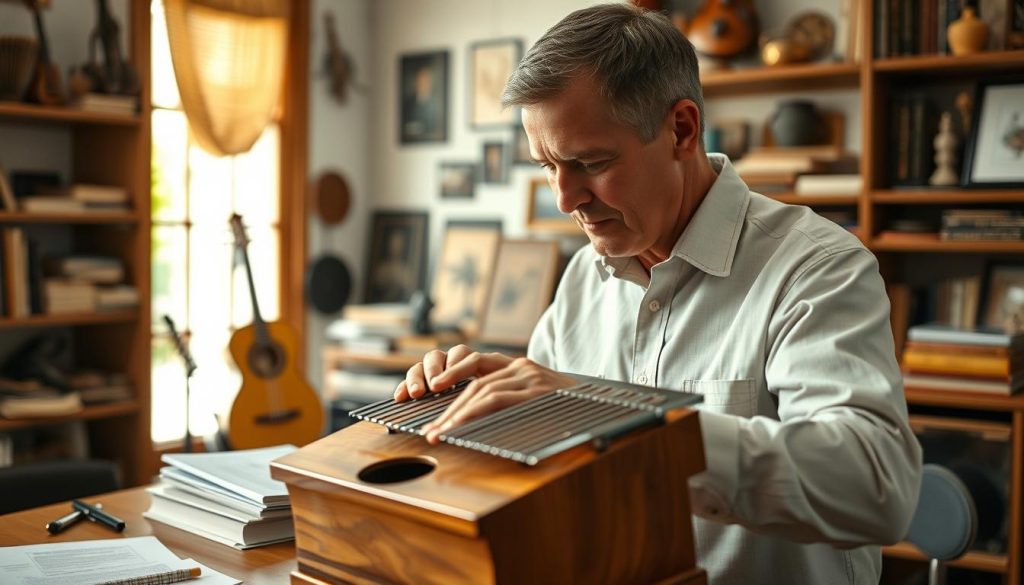 A distinguished man in his 40s, resembling Hugh Tracey, with short, neatly styled hair and wearing a light-colored, professional button-up shirt. He is playing a modern kalimba, focusing intently on the instrument as if showcasing its unique sound. In the foreground, the kalimba is elaborately detailed, highlighting its wooden craftsmanship and metal tines glimmering softly in the light. The middle ground features a warm, wooden table covered with ethnomusicological notes, books, and artifacts from African culture. In the background, faintly blurred, are shelves lined with musical instruments and cultural memorabilia, suggesting a rich history. Soft, natural light filters in from a window, creating an inviting atmosphere that evokes passion for music and cultural heritage. The overall mood is scholarly yet approachable, capturing the essence of Tracey's influence on modern kalimba music.