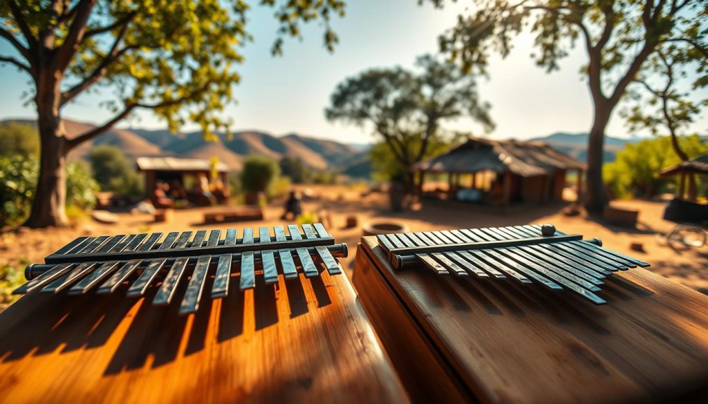 A serene African landscape featuring traditional bamboo kalimbas prominently in the foreground. The kalimbas are crafted from polished bamboo with shiny metal tines, reflecting natural light. In the middle ground, a rustic village scene showcases local artisans working on these musical instruments, surrounded by vibrant greenery and hints of cultural artifacts. The background features rolling hills and a clear blue sky, with warm sunlight filtering through the trees, casting gentle shadows. Capture a warm and inviting atmosphere that resonates with the rich history of African music and culture. Use a soft focus lens to enhance the depth, with warm, earthy tones to evoke nostalgia and connection to ancient traditions.