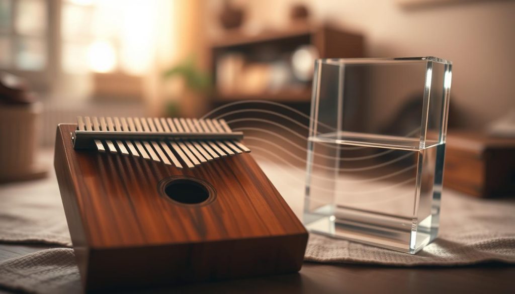 A serene, atmospheric image showcasing the concept of "résonance" in relation to musical instruments, specifically a kalimba. In the foreground, a beautifully crafted wooden kalimba, highlighting rich textures and grains, is gracefully positioned. The middle ground features soft waves of sound emanating from the instrument, visualized as gentle ripples in the air, blending harmoniously with a transparent acrylic kalimba that reflects light, showcasing its sleek surface. In the background, a blurred, warm-toned environment evokes a cozy musical space, filled with soft, natural light filtering through an open window. The mood is tranquil and inviting, suggesting a deep connection to the sound produced by these instruments. The angle is slightly above, offering a clear view of both kalimbas, emphasizing their contrasting materials while capturing the essence of their resonance.