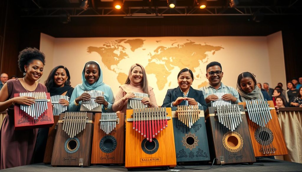 A vibrant and engaging scene showcasing the global popularization of the kalimba. In the foreground, a diverse group of musicians of various ethnic backgrounds joyfully playing kalimbas, dressed in stylish yet modest clothing, emphasizing unity through music. The middle ground features an array of colorful kalimbas, highlighting different sizes and designs, each with intricate carvings. In the background, a world map adorned with musical notes and symbols represents the kalimba’s spread across continents. Soft, warm lighting casts a welcoming glow, creating an inviting atmosphere. A slight tilt-angle captures the energy of the moment, focusing on the musicians’ expressions of joy and passion, while a blurred audience in the distance suggests the burgeoning popularity of the instrument worldwide.