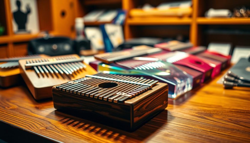 A visually striking display of various kalimbas, made from both wood and acrylic, arranged elegantly on a rich wooden table. In the foreground, focus on a wooden kalimba with intricate carvings, its keys glistening under soft, warm lighting. The middle layer features a vibrant acrylic kalimba, showcasing transparency and color, reflecting its surroundings. In the background, a blurred array of accessories like tuning hammers and care kits hint at the quality and craftsmanship involved. The lighting creates a cozy atmosphere, evoking the warmth of a music studio, with a slight bokeh effect to keep attention on the kalimbas. The perspective is captured at a slight angle, enhancing the visual depth and inviting viewers to explore the textures of the instruments.