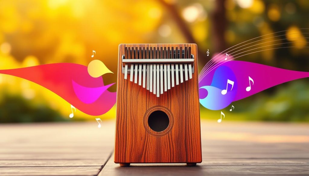 A vivid, artistic representation of a kalimba with resonating sound effects visually illustrated around it. In the foreground, a beautifully crafted wooden kalimba stands prominently, showcasing intricate grain patterns and polished details. Surrounding the instrument, swirling waves of sound emanate, depicted with vibrant colors that evoke vibrato and wah-wah effects. The middle ground features abstract shapes representing sound waves, echoing the harmonics produced by the kalimba, subtly blended with musical notes. In the background, a soft-focus peaceful setting with warm lighting creates an inviting ambiance, simulating a serene outdoor location. The angle captures the instrument at eye level, emphasizing its importance while enhancing the overall mood of tranquility and creativity in music.