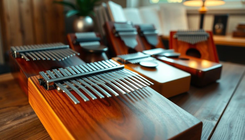 A beautiful display of various kalimbas made from high-quality wood and steel tines. In the foreground, feature a beautifully crafted kalimba with a smooth wooden finish and polished steel tines glistening under soft natural lighting. In the middle, include a selection of kalimbas in different styles, showcasing their unique shapes and vibrant wood grain patterns. The background should be softly blurred to create depth, featuring a simple wooden table and hints of a music studio environment, like a cozy corner with music sheets and a warm glow from a lamp. The mood is inviting and peaceful, perfect for musicians and beginners alike. The scene should capture the essence of craftsmanship and the joy of music creation.