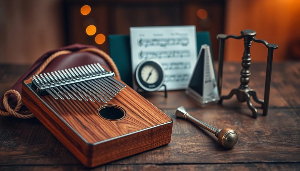 A beautifully arranged display of kalimba accessories on a rustic wooden table. In the foreground, focus on a high-quality kalimba with a polished finish, surrounded by its essential accessories: a tuning hammer, a protective case, and an elegant stand. In the middle ground, include a metronome and a set of sheet music, showcasing a blend of practicality and artistry. The background softly fades with warm ambient lighting, highlighting the textures of the wood and metal. Capture the mood of creativity and musical exploration, emphasizing a sense of quality and attention to detail. Use a slightly elevated angle to provide a comprehensive view, allowing the accessories to stand out gracefully without distractions.