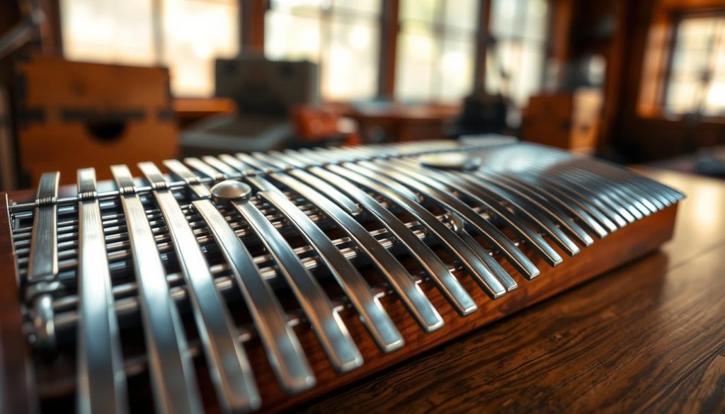 A beautifully crafted Sansula Hokema sitting on a wooden table, showcasing its distinctive lamellae made of polished steel. In the foreground, focus on the shimmering metallic notes, reflecting light in subtle shades of silver and blue. In the middle ground, the body of the instrument with elegant wooden grain visible, enhanced by warm, natural lighting that highlights its contours. The background features a softly blurred musical setting, suggesting a tranquil, serene atmosphere conducive to a musical performance or practice space. Use a shallow depth of field to emphasize the details of the lamellae and wood, creating an inviting and artistic mood that celebrates the anatomy of the Sansula.