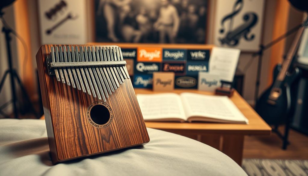 A beautifully crafted kalimba placed prominently in the foreground, showcasing exquisite wood grain and polished craftsmanship. The kalimba is positioned on a soft, neutral fabric to enhance its natural colors, illuminated by gentle, warm, diffused lighting that highlights its details. In the middle ground, a blurred selection of premium kalimba brands displayed elegantly on a wooden table, suggesting quality and recognition in the musical world. The background features a softly blurred music studio environment, with subtle musical instruments and sheet music, creating a serene and professional atmosphere. The overall mood is inviting and sophisticated, accentuating the importance of quality in music. The angle is slightly elevated, allowing a comprehensive view of the kalimba and its surroundings.