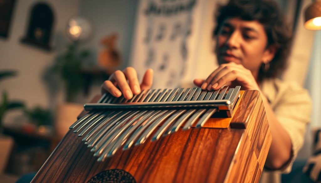 A close-up image of a beautifully crafted kalimba, specifically the Hokema Sansula, prominently displayed in the foreground. The instrument showcases its unique resonating box, intricately designed with natural wood textures and vibrant sound holes. The middle ground features a pair of skilled hands gently pressing down on the metal tines of the kalimba, emphasizing the “wah-wah” effect in action. Soft, warm lighting creates an inviting atmosphere, highlighting the craftsmanship of the instrument and the focused expression on the musician's face. The background is softly blurred, with hints of a cozy room filled with musical notes and a calming ambiance. The overall mood is one of serene musical exploration and creativity, inviting the viewer to delve into the art of playing the Sansula.
