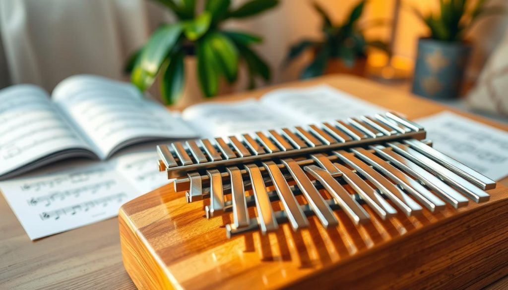 A close-up view of a beautifully crafted kalimba with 17 polished metal tines, each reflecting soft, warm light. The foreground showcases the kalimba resting on a natural wooden table, emphasizing the intricate craftsmanship of the instrument. In the middle ground, various musical sheets with different scales are spread out, hinting at the diversity of music styles one can play. The background features a softly blurred cozy room setting, with subtle hints of green plants and warm lighting that create an inviting atmosphere. The overall mood conveys creativity and musical exploration, ideal for a discussion about choosing the right kalimba based on its number of keys and musical ranges. The image is lit with natural light, enhancing the textures and details of the kalimba elegantly.