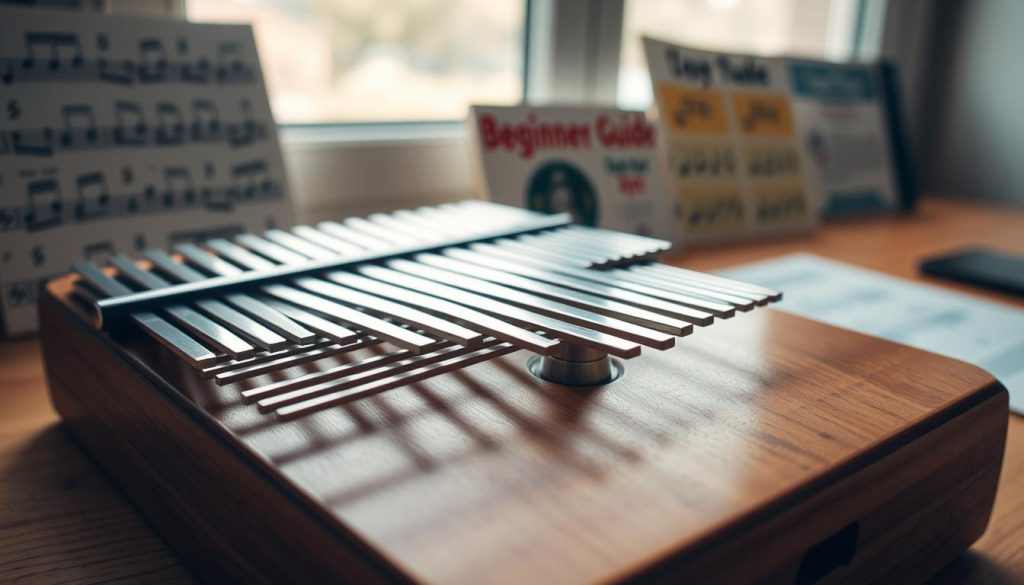 A close-up view of a beautifully crafted kalimba with a focus on its metallic keys, showcasing a variety of note lengths and arrangements. The kalimba should be placed on a simple, natural wooden surface, conveying a warm, inviting atmosphere. Soft, diffused daylight filters through a nearby window, creating gentle highlights on the kalimba’s keys and casting subtle shadows for depth. In the background, blurred educational materials like music sheets and beginner's guides hint at the theme of learning. The composition should emphasize the kalimba's tactile features and the joy of musical discovery, inspiring a sense of creativity and exploration in music education. The overall mood is encouraging and vibrant, targeting aspiring musicians eager to learn.