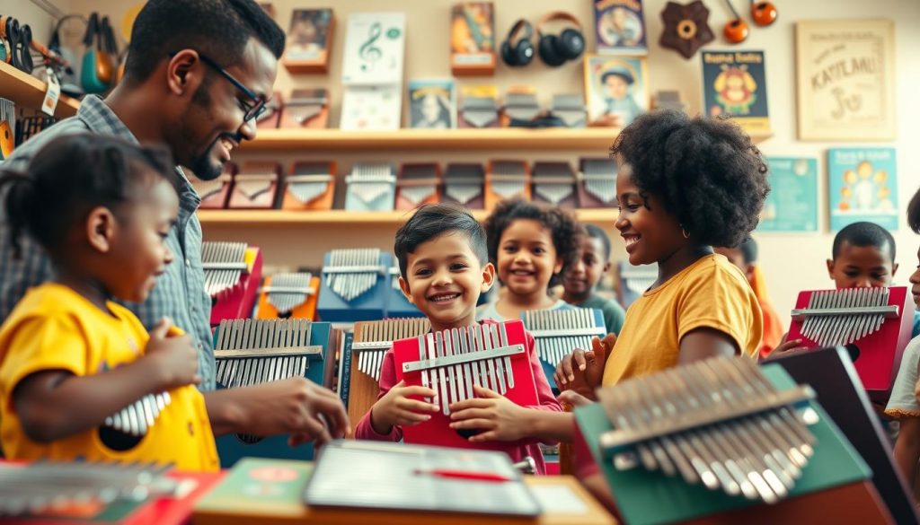 A colorful and engaging scene showcasing a diverse group of children and adults selecting kalimbas at a music store. In the foreground, a young child, smiling and excited, chooses a brightly colored kalimba while an adult helps them, showcasing a sense of guidance and connection. In the middle, a shelf filled with various kalimba models, from simple beginner designs to more intricate ones for advanced musicians, adorned with musical notes and vibrant decorations. The background features soft shelves lined with musical accessories and posters that evoke a joyful and creative atmosphere. The lighting is warm and inviting, creating a friendly ambiance, with a focus on the vivid colors of the kalimbas and the happy expressions of the participants. The perspective is slightly angled to capture the interaction clearly, immersing viewers in the selection experience.