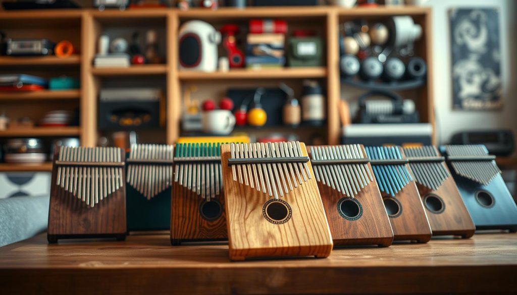 A detailed scene showcasing a variety of Aklot kalimbas arranged elegantly on a wooden display table. In the foreground, highlight a beautifully crafted Aklot kalimba with intricate carvings and natural wood finish, illuminated softly with warm light to emphasize its textures. In the middle, include various models of Aklot kalimbas, each uniquely shaped and colored, creating a colorful spectrum. The background features a softly blurred music studio setting with shelves filled with musical accessories, creating an inviting atmosphere. Use a shallow depth of field to draw attention to the kalimbas while maintaining a slight bokeh effect in the background. The overall mood should be warm and creative, evoking a sense of craftsmanship and passion for music. A detailed scene showcasing a variety of Aklot kalimbas arranged elegantly on a wooden display table. In the foreground, highlight a beautifully crafted Aklot kalimba with intricate carvings and natural wood finish, illuminated softly with warm light to emphasize its textures. In the middle, include various models of Aklot kalimbas, each uniquely shaped and colored, creating a colorful spectrum. The background features a softly blurred music studio setting with shelves filled with musical accessories, creating an inviting atmosphere. Use a shallow depth of field to draw attention to the kalimbas while maintaining a slight bokeh effect in the background. The overall mood should be warm and creative, evoking a sense of craftsmanship and passion for music.