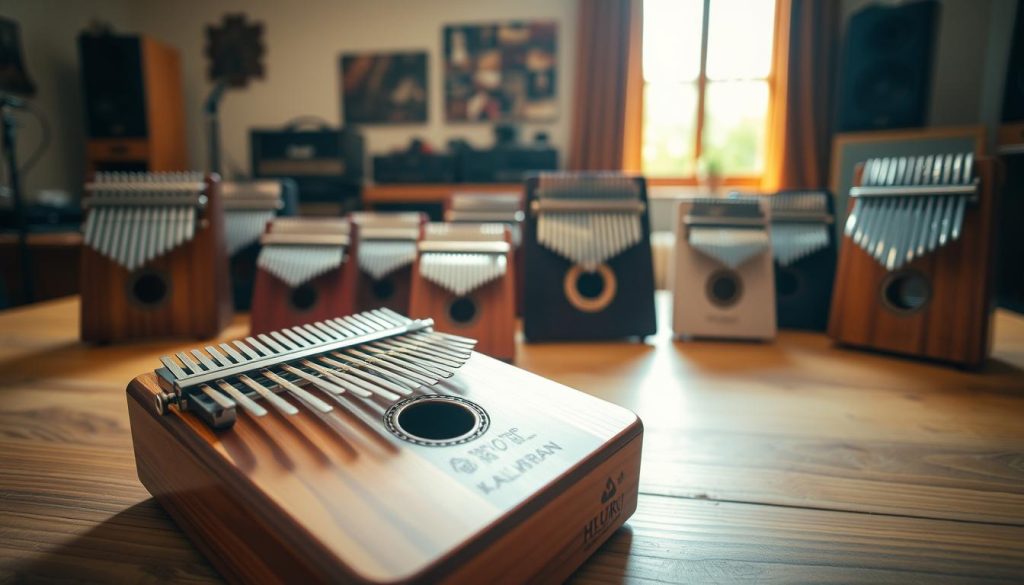 A detailed scene showcasing a variety of Kalimba instruments from the brand Hluru, arranged artistically on a wooden table. The foreground features a beautifully crafted wooden kalimba with a glossy finish, displaying intricate engravings. In the middle ground, several other Kalimba models of different sizes and colors can be seen, each highlighting unique design elements and craftsmanship. Set against a softly blurred music studio backdrop, with warm, natural lighting filtering through a window, creating a welcoming atmosphere. The composition is captured at a slightly elevated angle, enhancing the depth and hierarchy of the instruments, evoking a sense of quality and diversity. The overall mood is serene and inviting, perfect for illustrating the rich variety and value of Hluru kalimbas. A detailed scene showcasing a variety of Kalimba instruments from the brand Hluru, arranged artistically on a wooden table. The foreground features a beautifully crafted wooden kalimba with a glossy finish, displaying intricate engravings. In the middle ground, several other Kalimba models of different sizes and colors can be seen, each highlighting unique design elements and craftsmanship. Set against a softly blurred music studio backdrop, with warm, natural lighting filtering through a window, creating a welcoming atmosphere. The composition is captured at a slightly elevated angle, enhancing the depth and hierarchy of the instruments, evoking a sense of quality and diversity. The overall mood is serene and inviting, perfect for illustrating the rich variety and value of Hluru kalimbas.