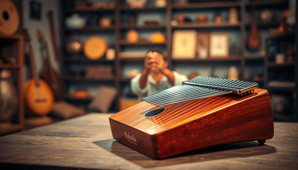 A serene indoor setting featuring a kalimba, specifically the Hokema sansula, placed prominently in the foreground on a rustic wooden table. The kalimba's polished wooden body, delicately curved, reflects warm light that subtly highlights its metal tines. In the middle ground, a pair of hands are gently playing the kalimba with grace, showcasing various finger positions, while soft, ambient lighting creates a soothing atmosphere. In the background, blurred shelves filled with musical instruments and cultural artifacts hint at the rich history of the kalimba, mbira, sanza, and sansula. The overall mood invites tranquility and contemplation, emphasizing the differences and characteristics of these musical instruments. The scene is captured with a warm color palette and a shallow depth of field to accentuate the kalimba.