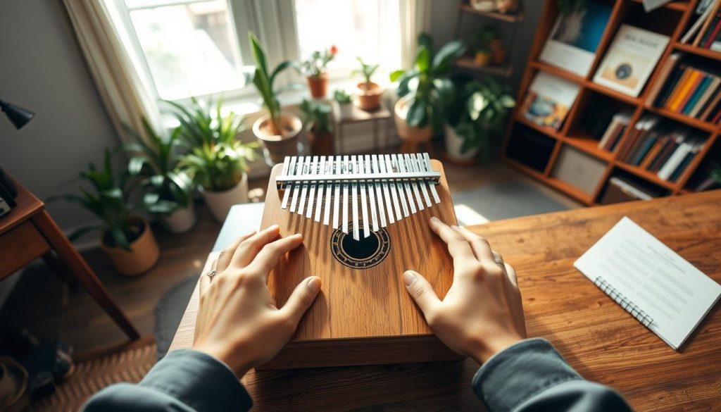 A serene workspace showcasing a beautifully crafted Kalimba Hokema sansula sitting atop a wooden table, with soft natural light streaming through a nearby window, illuminating the instrument's polished surface. In the foreground, gentle hands, clad in modest, professional attire, gracefully hold the sansula, poised to play. The middle ground features an array of greenery, like potted plants and fresh flowers, adding a touch of life, while the background includes a cozy bookshelf filled with music-related literature and decor. The atmosphere is tranquil and inviting, conveying a sense of dedication to preserving the instrument's beautiful resonance over time, grounding the scene in a warm, harmonious vibe. The perspective is slightly above eye level, providing an intimate view of the instrument and its caretaker.