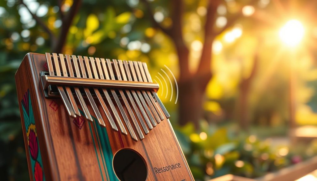 A vibrant and artistic representation of resonance, showcasing a beautiful kalimba in the foreground, intricately designed with colorful patterns and natural wood textures. The kalimba's keys glisten under soft, warm lighting, reflecting a sense of creativity and musicality. In the middle ground, sound waves visually emanate from the instrument, illustrated as gentle ripples in the air, hinting at the rich tones produced by its melodic play. The background is softly blurred, featuring hints of a serene outdoor setting with lush greenery and sunlight filtering through trees, enhancing the peaceful ambiance. The overall mood is uplifting and inspiring, embodying the beauty of sound and craftsmanship. The image should be captured with a shallow depth of field, emphasizing the kalimba while gently blurring the surroundings. A vibrant and artistic representation of resonance, showcasing a beautiful kalimba in the foreground, intricately designed with colorful patterns and natural wood textures. The kalimba's keys glisten under soft, warm lighting, reflecting a sense of creativity and musicality. In the middle ground, sound waves visually emanate from the instrument, illustrated as gentle ripples in the air, hinting at the rich tones produced by its melodic play. The background is softly blurred, featuring hints of a serene outdoor setting with lush greenery and sunlight filtering through trees, enhancing the peaceful ambiance. The overall mood is uplifting and inspiring, embodying the beauty of sound and craftsmanship. The image should be captured with a shallow depth of field, emphasizing the kalimba while gently blurring the surroundings.