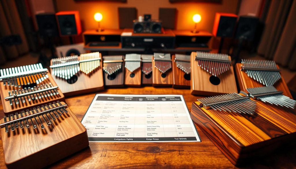 A vibrant display of various kalimbas from top brands, arranged artistically on a polished wooden table. In the foreground, detailed close-ups of intricately designed kalimbas showcase their unique wood grains and tuning tines, glinting in warm, soft lighting. The middle ground features a professional and polished comparison chart that highlights distinguishing features of each brand, subtly blurred to emphasize the instruments in focus. In the background, a cozy music studio with a warm ambiance is visible, complete with acoustic panels and soft ambient lighting, enhancing the mood of creativity and craftsmanship. The camera angle is slightly above eye level, creating an inviting view that draws the viewer into the world of kalimbas and their brands.